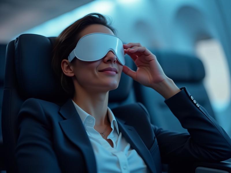 A refreshed, energetic business traveler on a modern airplane, proactively adjusting an eye mask during a strategic nap or using a light therapy device, showcasing resilience and preparedness for international travel.