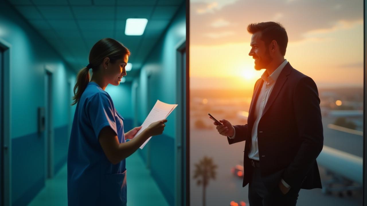 Split image: On one side, a calm, focused nurse working a night shift in a quiet hospital hall, ambient low light. On the other side, a refreshed business traveler smiling on a high-rise balcony overlooking a vibrant city, early morning light.