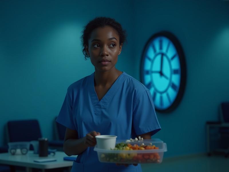 A calm, focused person in medical scrubs having a timed, healthy meal during their night shift in a well-lit breakroom, demonstrating strategic meal timing. A subtle clock motif is visible in the background.