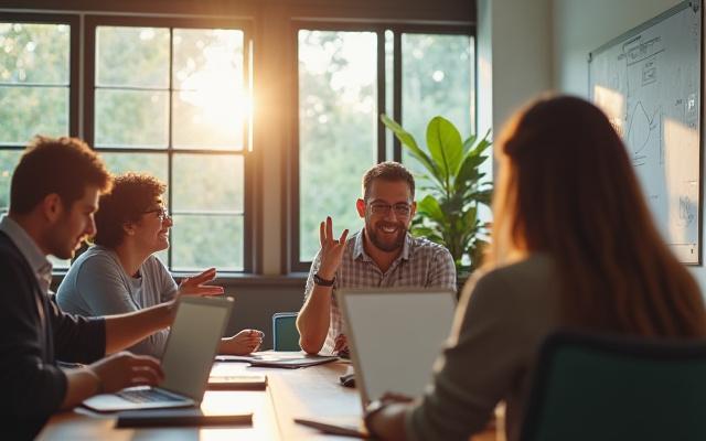 Diverse, happy, and productive team collaborating in a modern, sunlit office environment, demonstrating healthy work-life integration