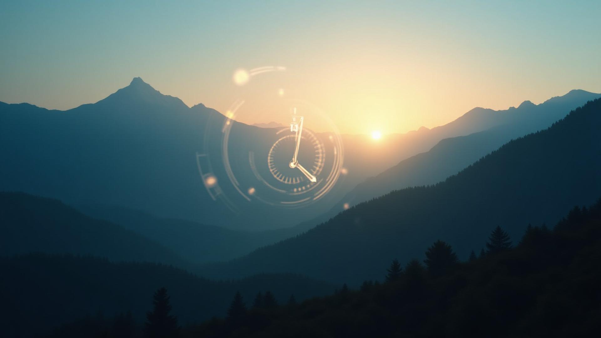 Boulder mountains at sunrise with an ethereal clock overlay, symbolizing time-aligned wellness